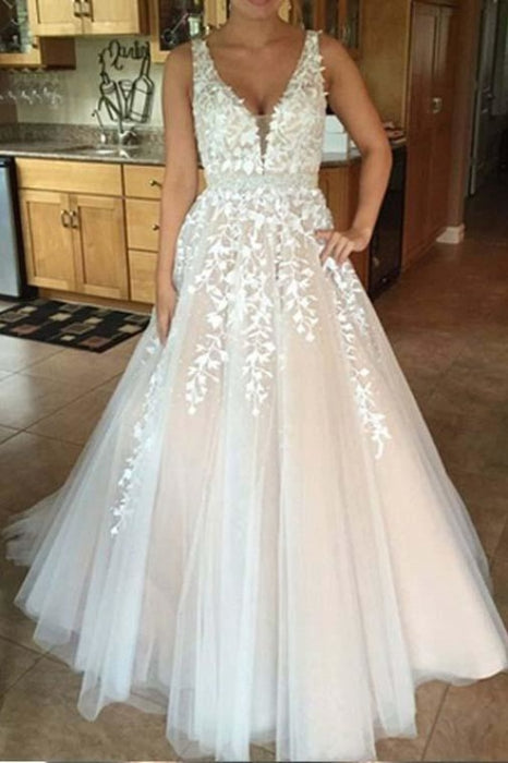 A Line V Neck Tulle Lace Applique Prom with Beading Waist Puffy Party Dress - Prom Dresses
