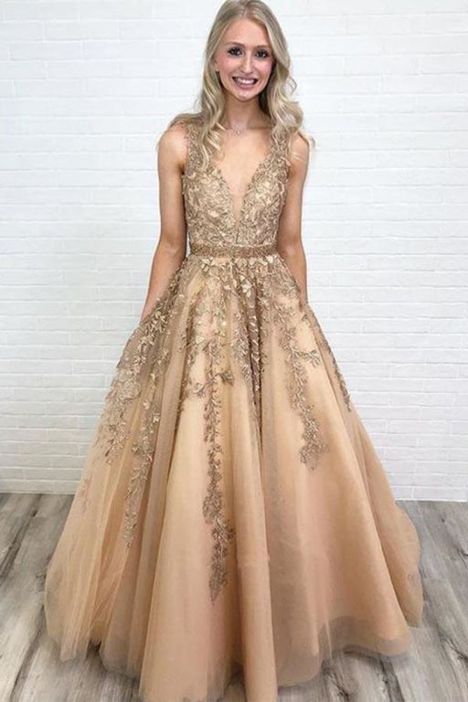 A Line V Neck Tulle Lace Applique Prom with Beading Waist Puffy Party Dress - Prom Dresses
