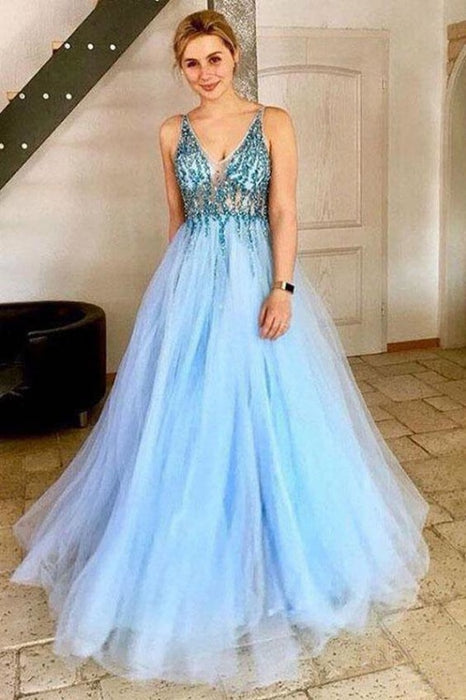 A-Line V-Neck Tulle Prom Dress with Sequins Light Sky Blue Sparkly Party Dresses - Prom Dresses