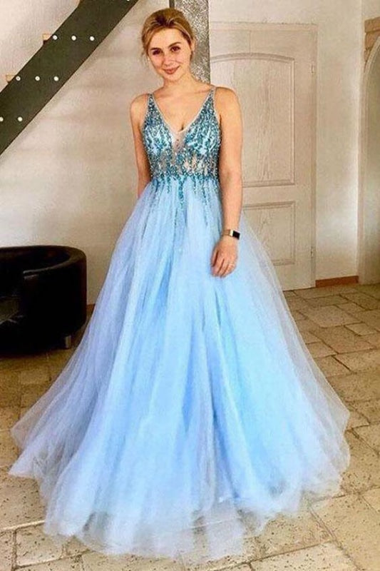 A-Line V-Neck Tulle Prom Dress with Sequins Light Sky Blue Sparkly Party Dresses - Prom Dresses