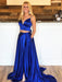 A Line V Neck Two Pieces Backless Royal Blue Prom Dresses with High Slit, 2 Pieces Royal Blue Formal Graduation Evening Dresses