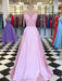 A Line V Neck Two Pieces Lace Top Pink Satin Long Prom Dresses, Pink Two Pieces Lace Formal Graduation Evening Dresses
