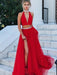 A Line V Neck Two Pieces Tulle Red Long Prom Dresses, Red Formal Dresses, Red Evening Dresses