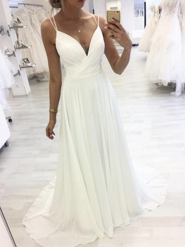 Long Chiffon Dresses with V Neckline White