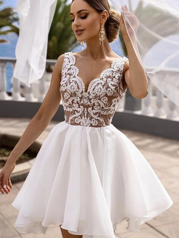 A Line V Neck White Lace Short Prom Dress, Short White Lace Formal Graduation Homecoming Dress main image 0