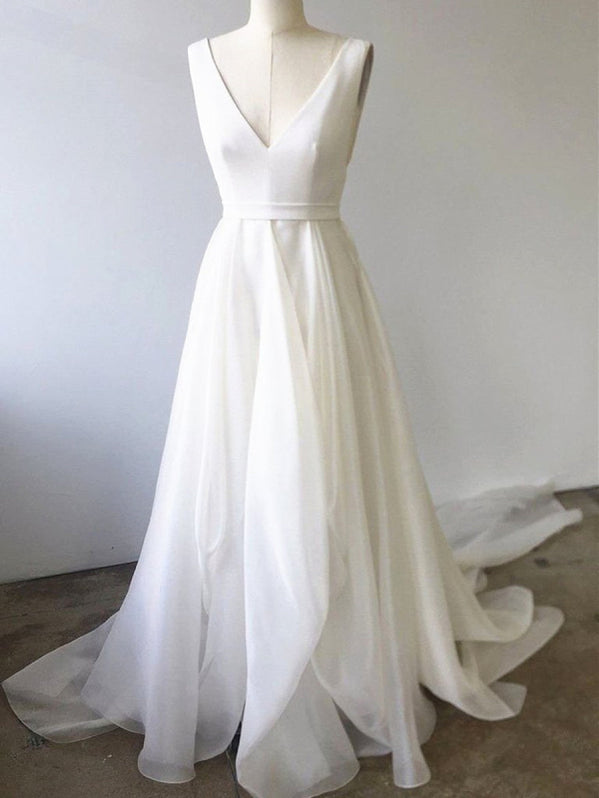 A-line V Neck White Dress