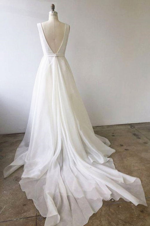 A Line V Neck White Prom Dresses with Train, V Neck Formal Wedding Dresses with Train, White Evening Dresses