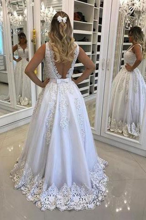A-Line V-Neck White Sleeveless Backless Tulle Long Prom Dress with Appliques - Prom Dresses