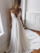 A Line V Neck White Wedding with Sweep Train White V Neck Long Prom White Formal Evening - Dress