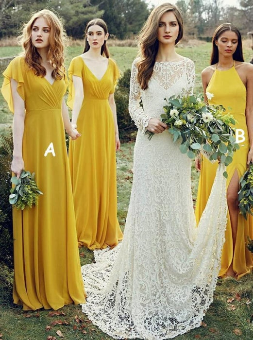 A-Line V-Neck Yellow Chiffon Bridesmaid Dress - Bridesmaid Dresses