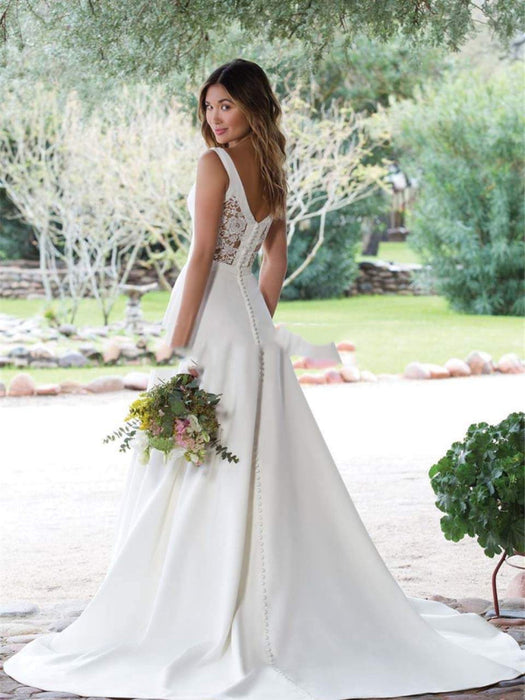 A Line V Neckline White Cheap Wedding Dresses Under 100 - Bridelily A Line V Neckline White Cheap Wedding Dresses Under 100 - Bridelily