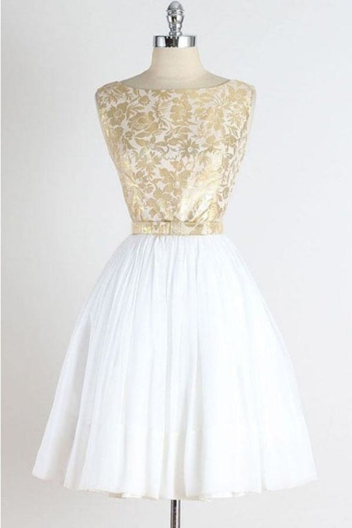 A Line Vintage Sleeveless Gold Lace Short Homecoming Dress Tulle Party Dresses - Prom Dresses