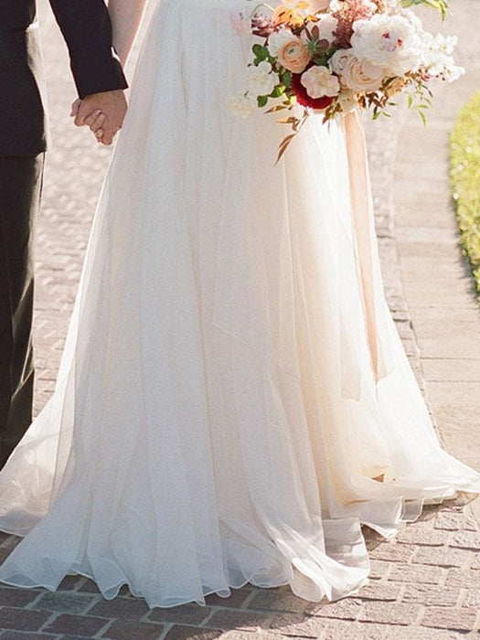 A Line Wedding Dress Ivory Blackless V Neck Spaghetti Straps Wedding Dress