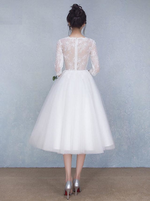 A-Line Wedding Dresses Jewel Neck Tea Length Tulle Sheer Lace 3\4 Length Sleeve Casual See-Through Backless with Beading Appliques 2020 - 