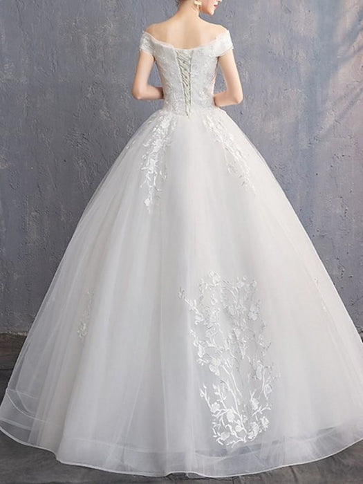 A-Line Wedding Dresses Off Shoulder Floor Length Tulle Cap Sleeve with Embroidery 2020 - wedding dresses