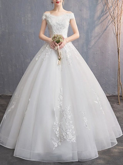 A-Line Wedding Dresses Off Shoulder Floor Length Tulle Cap Sleeve with Embroidery 2020 - wedding dresses