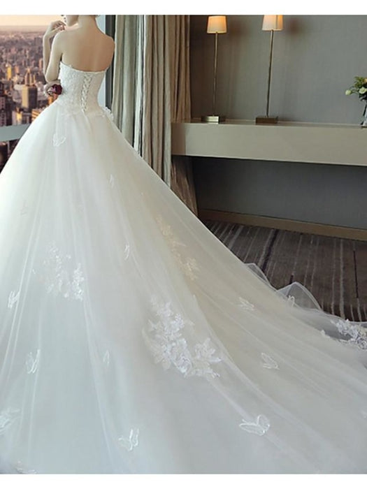 A-Line Wedding Dresses Strapless Court Train Polyester Strapless with Beading Appliques 2020 - wedding dresses