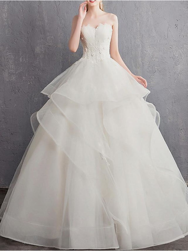 A-Line Wedding Dresses Strapless Floor Length Tulle Regular Straps with Appliques 2020 - wedding dresses