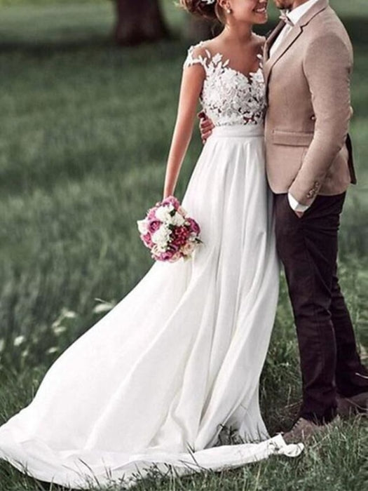 A-Line Wedding Dresses V Neck Sweep \ Brush Train Chiffon Lace Cap Sleeve with Lace Insert 2020 - wedding dresses