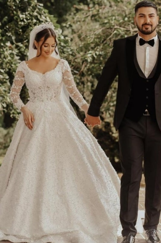 A line wedding dresses with sleeves Floral Lace Bridal Dress - Wedding Dresses