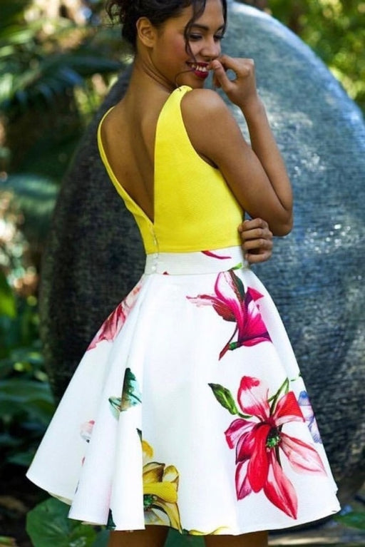 A Line Yellow V Neck Floral Print Homecoming Dresses Cute Short Prom Dress - Prom Dresses