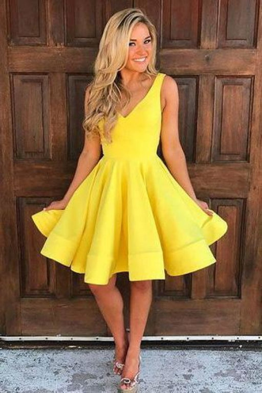 A-line Yellow V Neck Homecoming Cute Sleeveless Short Prom Dresses Party Dress - Prom Dresses