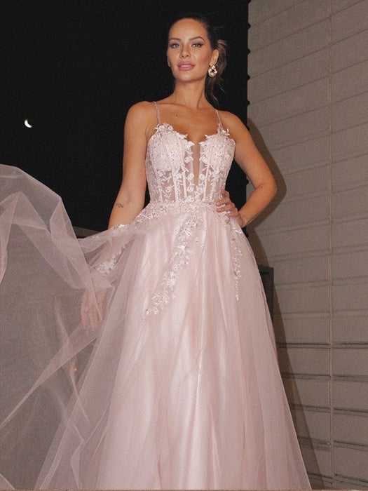 A-Line/Princess Applique Spaghetti Straps Sleeveless Tulle Floor-Length Dresses - Prom Dresses