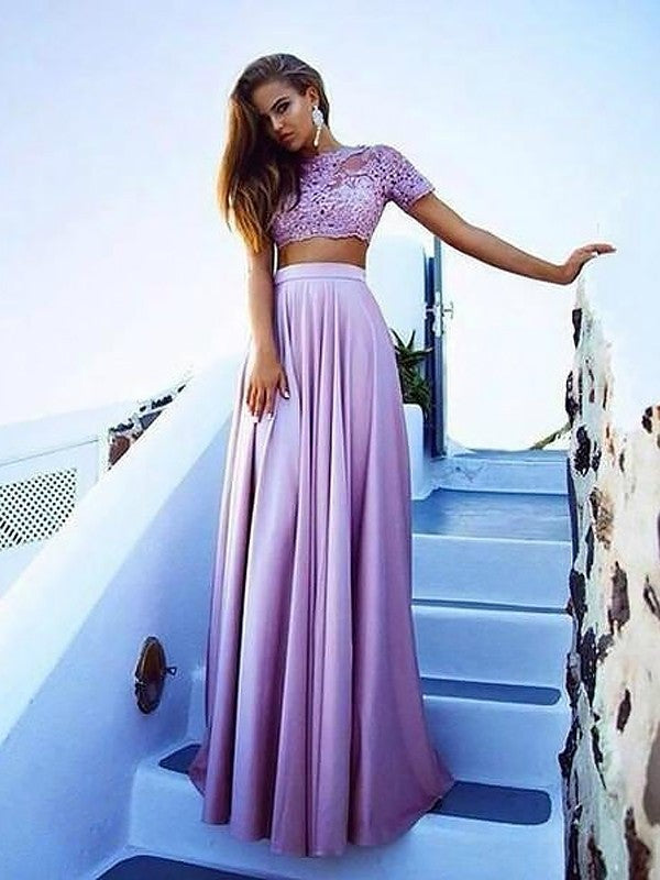 A-Line/Princess Bateau Short Sleeves Satin Floor-Length Lace Two Piece Dresses - Prom Dresses