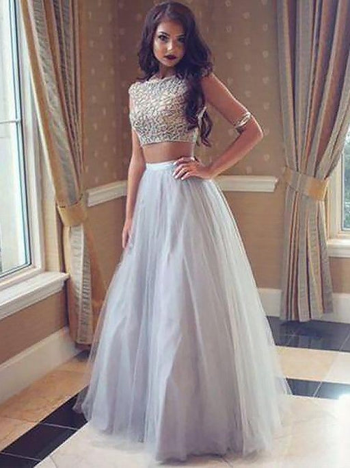 A-Line/Princess Bateau Sleeveless Tulle Floor-Length Beading Two Piece Dresses - Prom Dresses