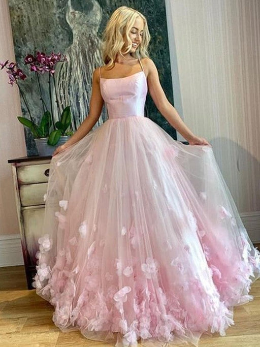 A-Line/Princess Bateau Tulle Applique Floor-Length Sleeveless Dresses - Prom Dresses