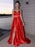 A-Line/Princess Elastic Woven Satin Ruffles V-neck Sleeveless Sweep/Brush Train Dresses - Prom Dresses