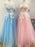 A-Line/Princess Floor-Length V-neck Applique Sleeveless Tulle Dresses - Prom Dresses
