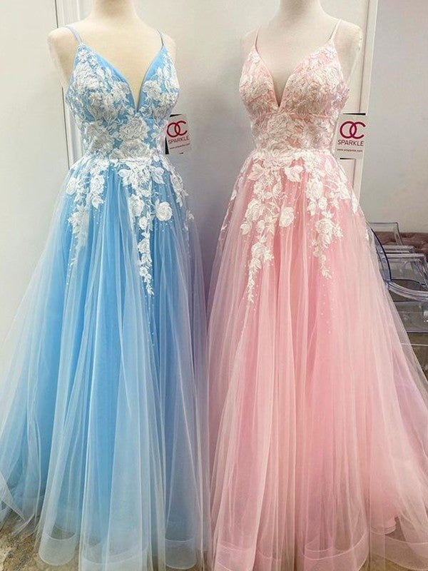 A-Line/Princess Floor-Length V-neck Applique Sleeveless Tulle Dresses - Prom Dresses