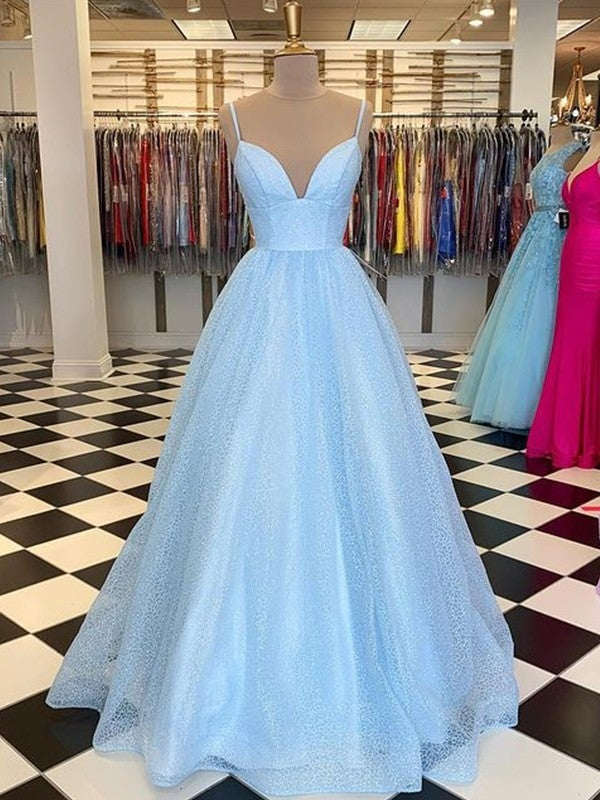 A-Line/Princess Floor-Length V-neck Sleeveless Tulle Ruffles Dresses - Prom Dresses