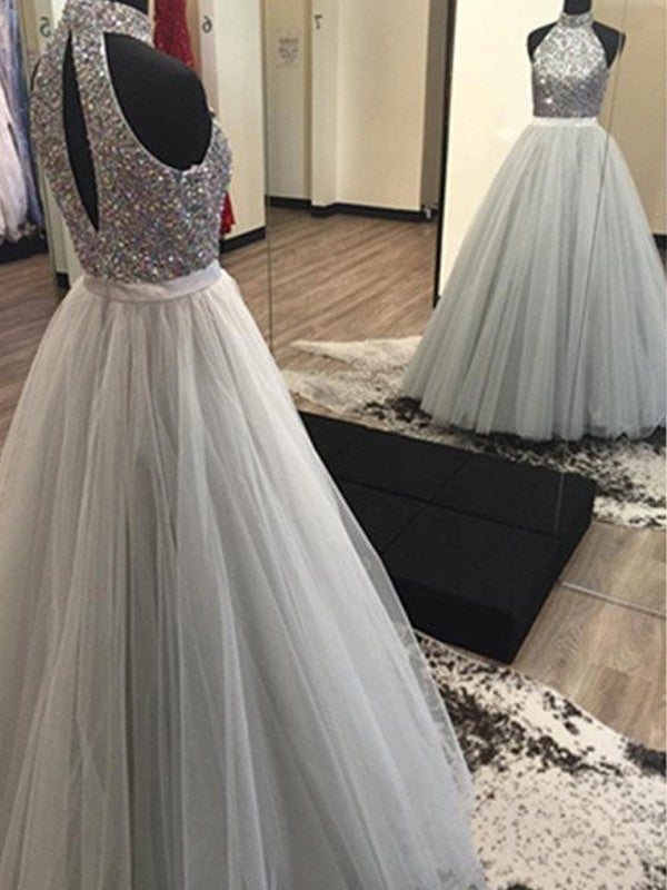 A-Line/Princess Halter Sleeveless Floor-Length Beading Tulle Dresses - Prom Dresses