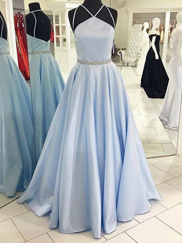 A-Line/Princess Halter Sleeveless Floor-Length Satin Dresses - Prom Dresses