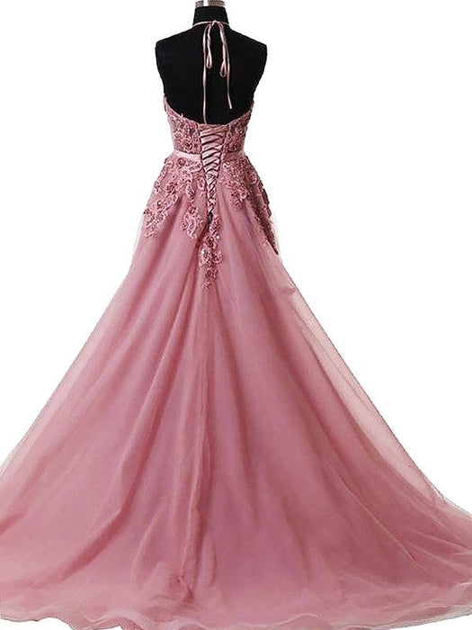 A-Line/Princess Halter Sleeveless Sweep/Brush Train Applique Tulle Dresses - Prom Dresses