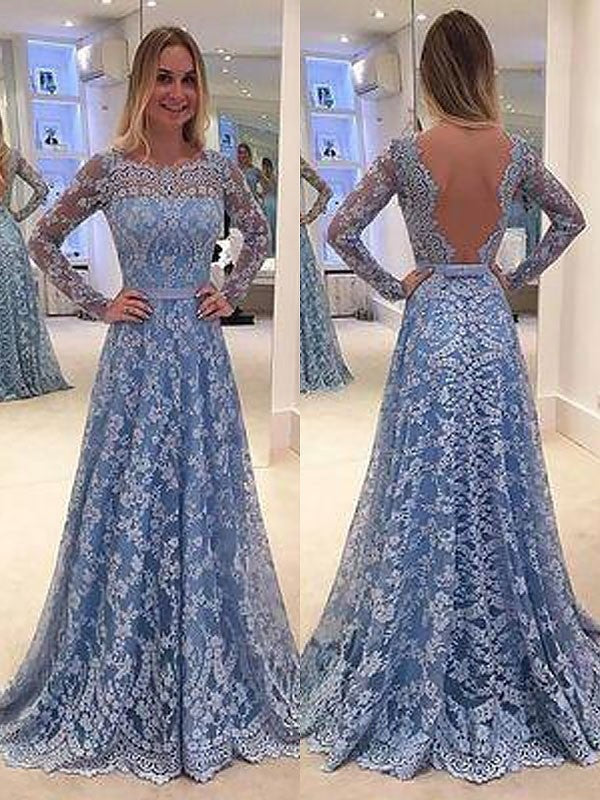 A-Line/Princess Long Sleeves Lace Floor-Length Bateau Ruffles Dresses - Prom Dresses