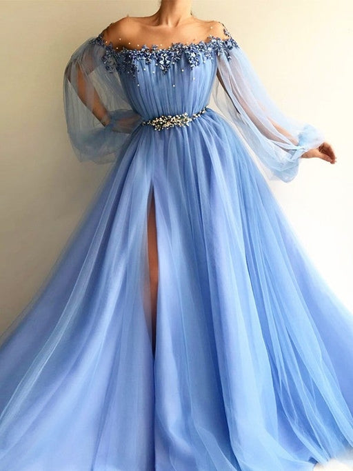A-Line/Princess Long Sleeves Off-the-Shoulder Tulle Beading Floor-Length Dresses - Prom Dresses