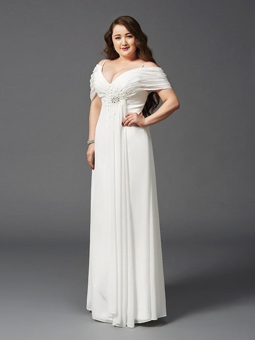 A-Line/Princess Off-the-Shoulder Ruched Short Sleeves Long Chiffon Plus Size Dresses - Prom Dresses