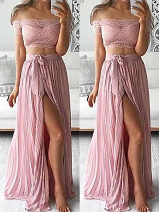 A-Line/Princess Off-the-Shoulder Sleeveless Chiffon Floor-Length Lace Two Piece Dresses - Prom Dresses