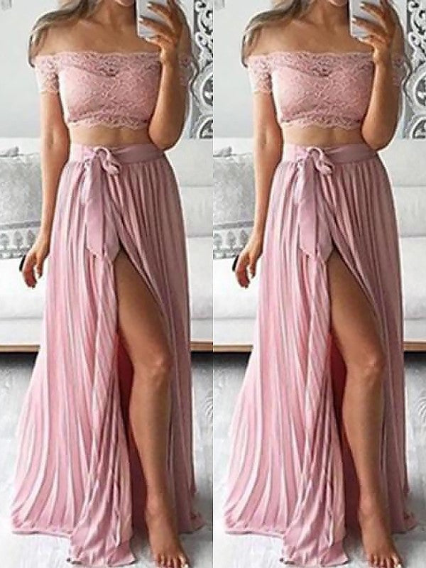 A-Line/Princess Off-the-Shoulder Sleeveless Chiffon Floor-Length Lace Two Piece Dresses - Prom Dresses