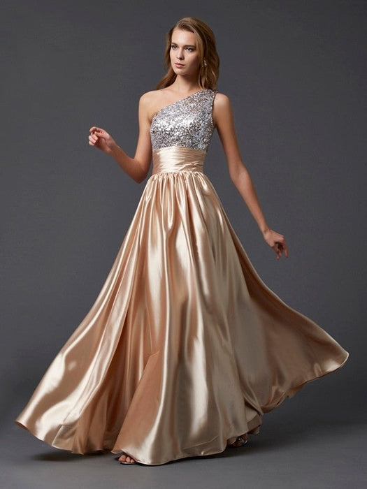 A-Line/Princess One-Shoulder Sleeveless Paillette Long Elastic Woven Satin Dresses - Prom Dresses