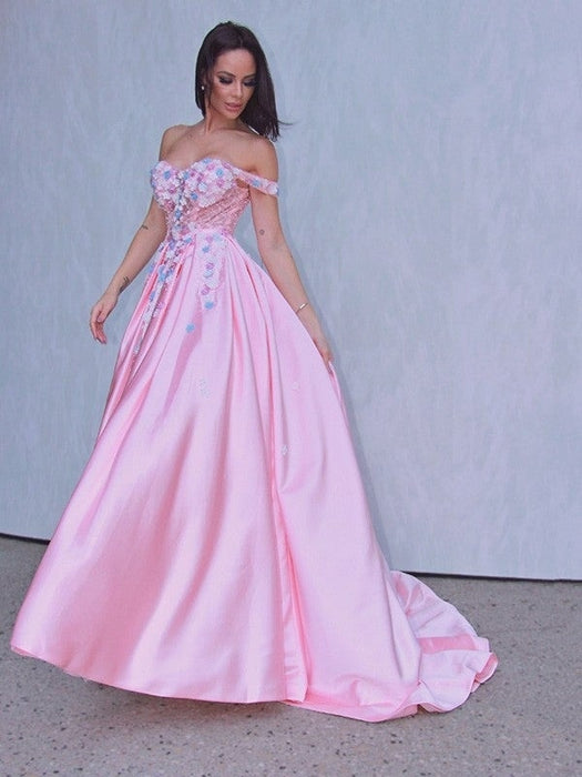 A-Line/Princess Satin Applique Off-the-Shoulder Sleeveless Sweep/Brush Train Dresses - Prom Dresses