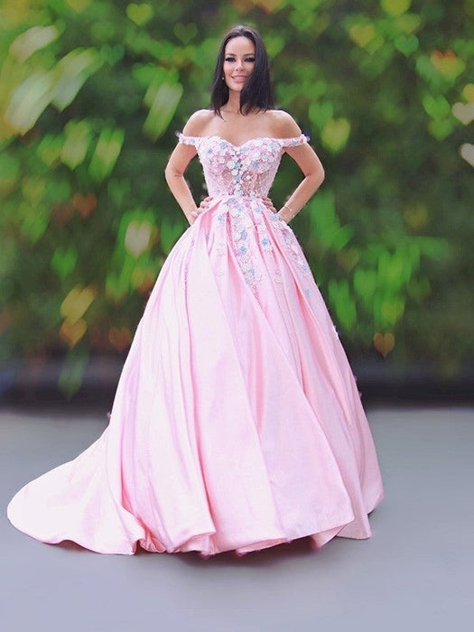 A-Line/Princess Satin Applique Off-the-Shoulder Sleeveless Sweep/Brush Train Dresses - Prom Dresses