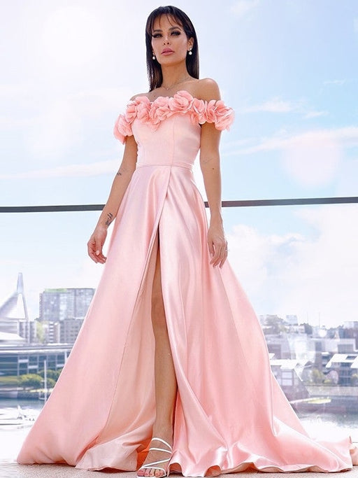 A-Line/Princess Satin Off-the-Shoulder Sleeveless Hand-Made Flower Sweep/Brush Train Dresses - Prom Dresses