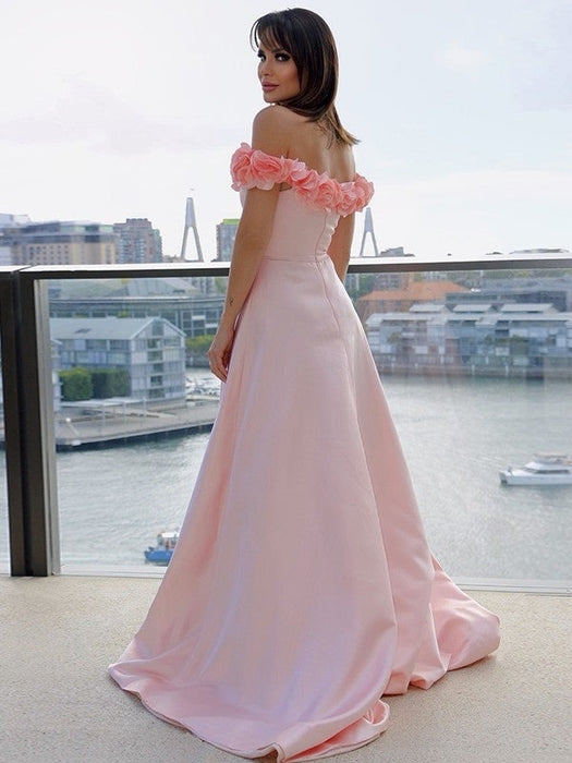 A-Line/Princess Satin Off-the-Shoulder Sleeveless Hand-Made Flower Sweep/Brush Train Dresses - Prom Dresses