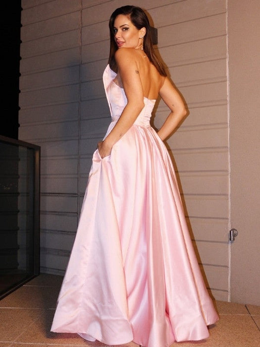 A-Line/Princess Satin Ruffles Sleeveless Strapless Floor-Length Dresses - Prom Dresses