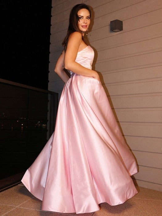 A-Line/Princess Satin Ruffles Sleeveless Strapless Floor-Length Dresses - Prom Dresses