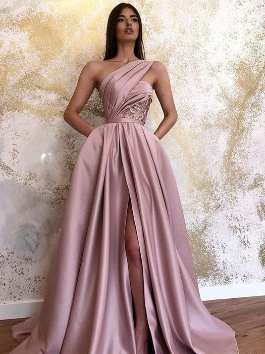 A-Line/Princess Satin Sleeveless Ruched One-Shoulder Sweep/Brush Train Dresses - Prom Dresses